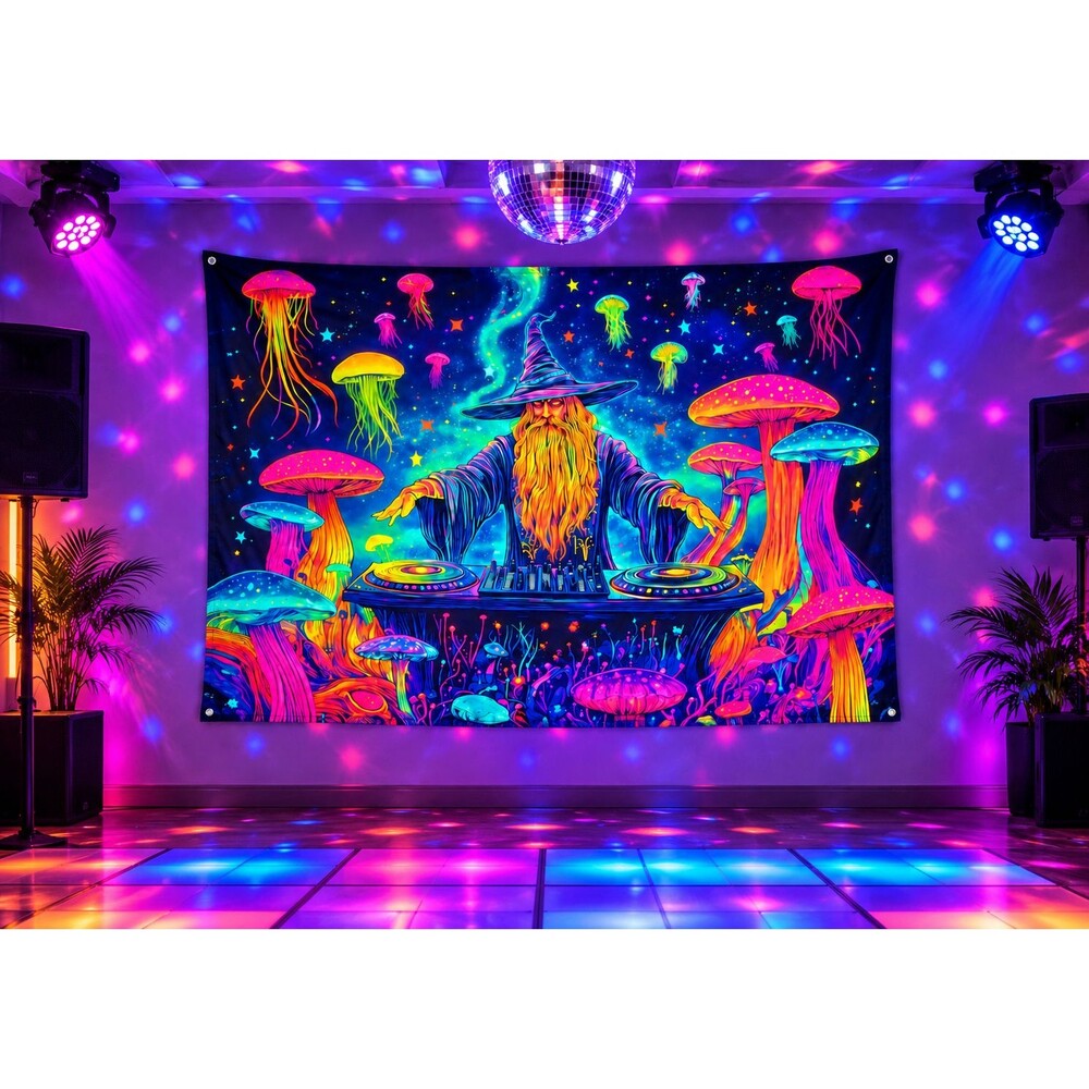 Wizard DJ Tapestry 95x124 Extra Large Neon Trippy Mushroom Wall Decor